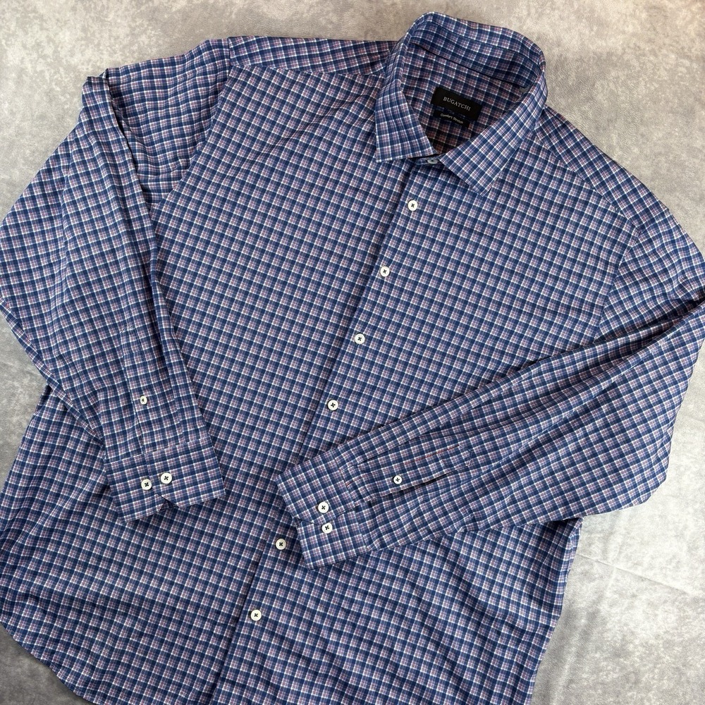 Bugatchi Button Up Shirt Mens 2XL Blue Red Plaid Long Sleeve Preppy Performance